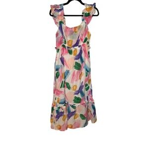 Blu Pepper White Multi Brushstroke Print Ruffle Dress -‎ Women's L NWT